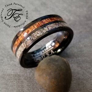 Men's Real Tungsten Wedding Ring With Deer Bone and Whiskey Barrel Wood Inlays